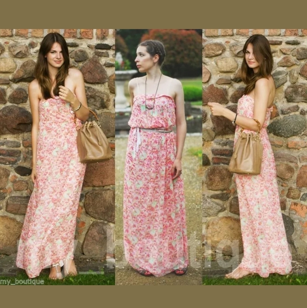 Zara Pink Multi Floral Print Strapless Dress